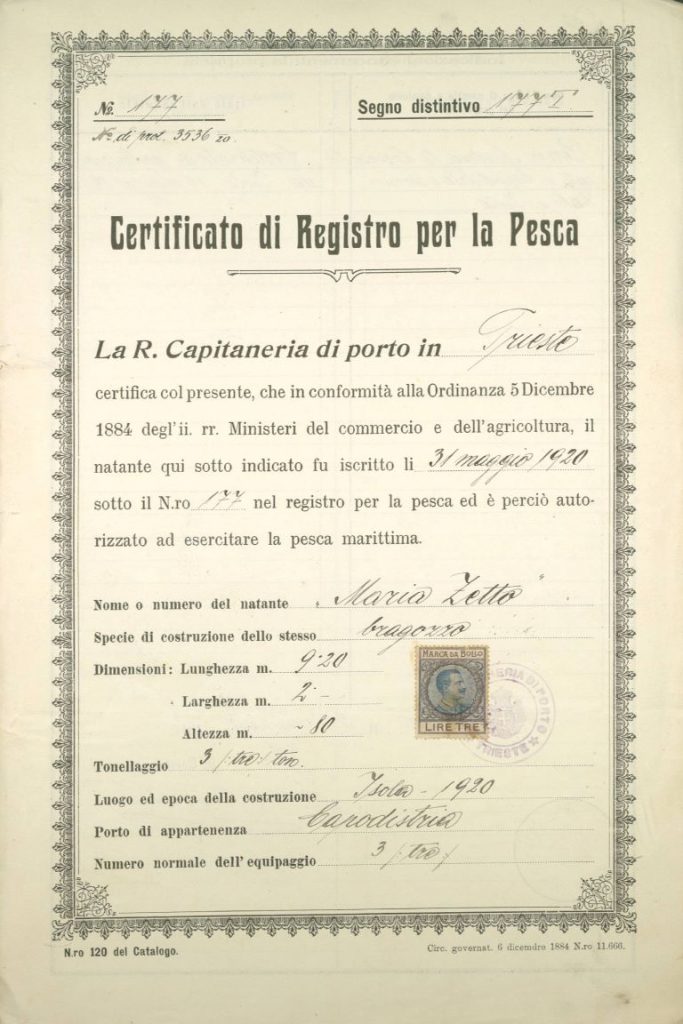Certificato registro pesca 1920