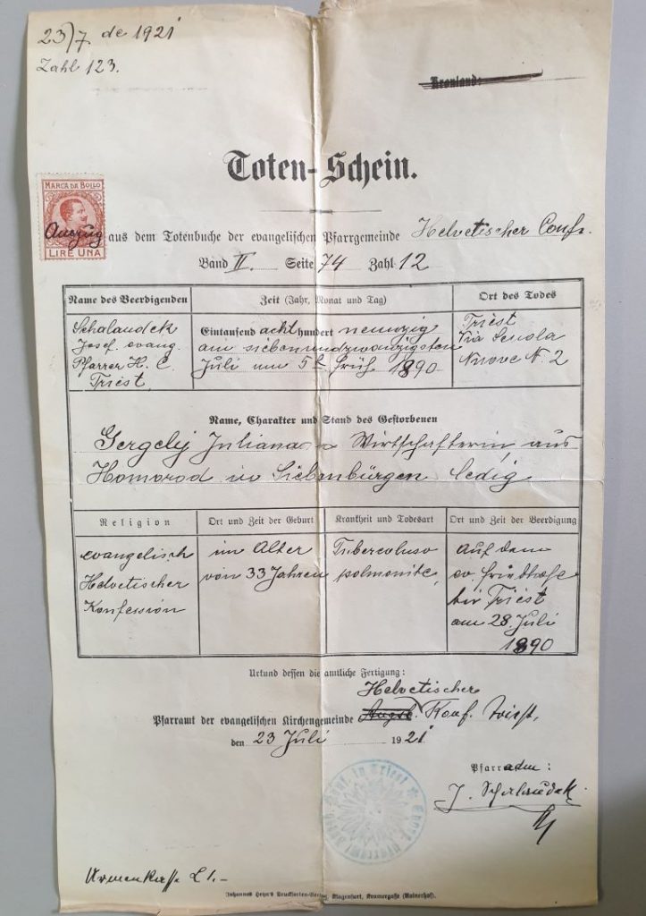 certificato morte 1921