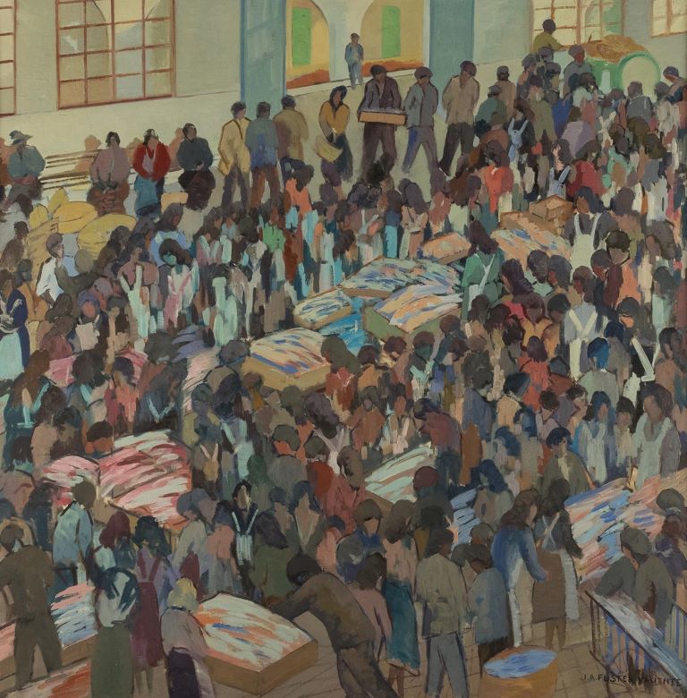 A painting depicting a fish auction in the wholesale fish market of Palma