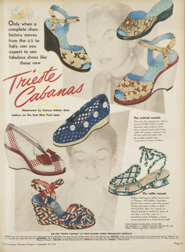 Pubblicità di sandali da donna in rafia prodotti alla Lucky Shoes.