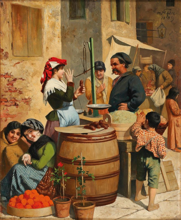 Painting of a female street vendor (venderigola) who sells sausages and sauerkraut to a customer